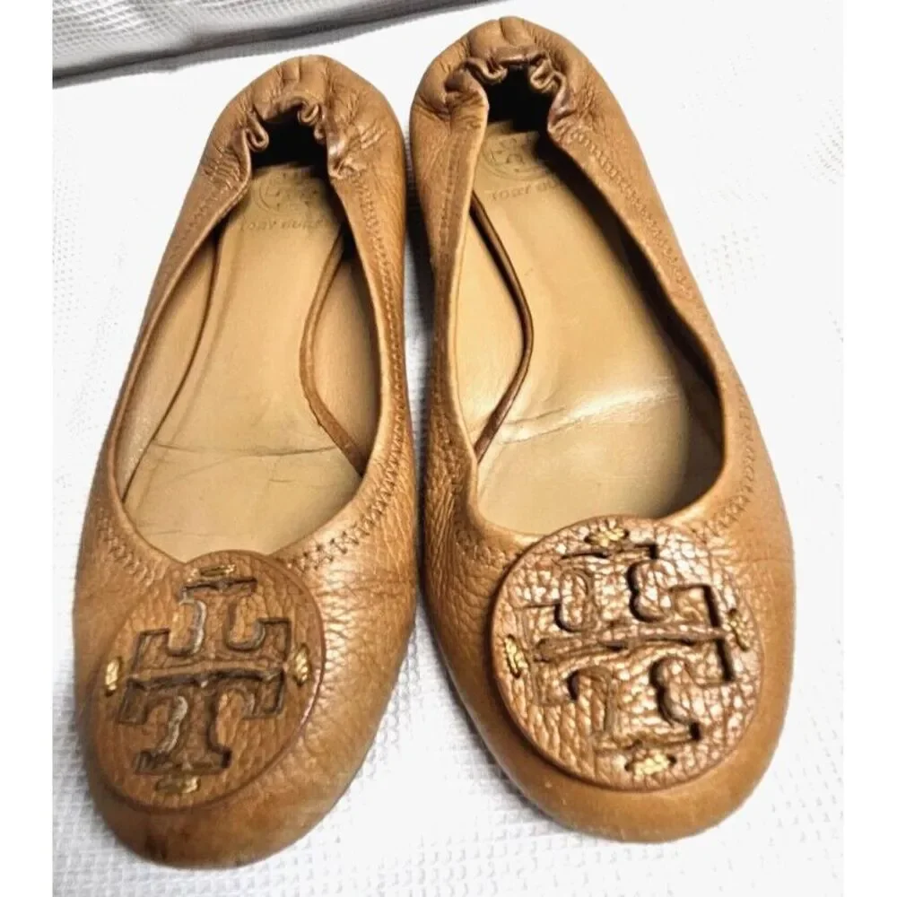 TORY BURCH Minnie travel ballet flat camel pebbled all leather upper woman Sz 6M